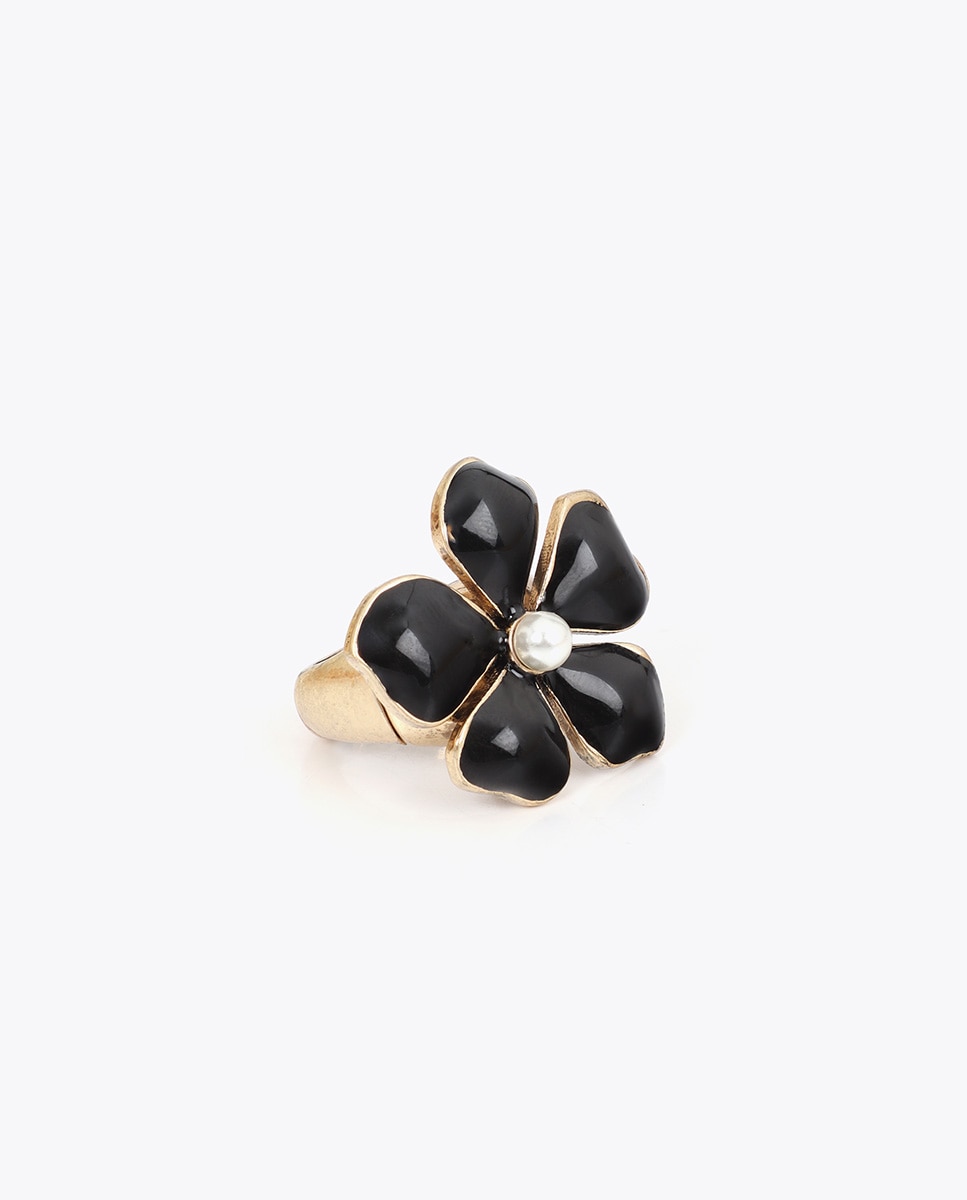 Anel Adaptável Flor Laqueada Preto-2
