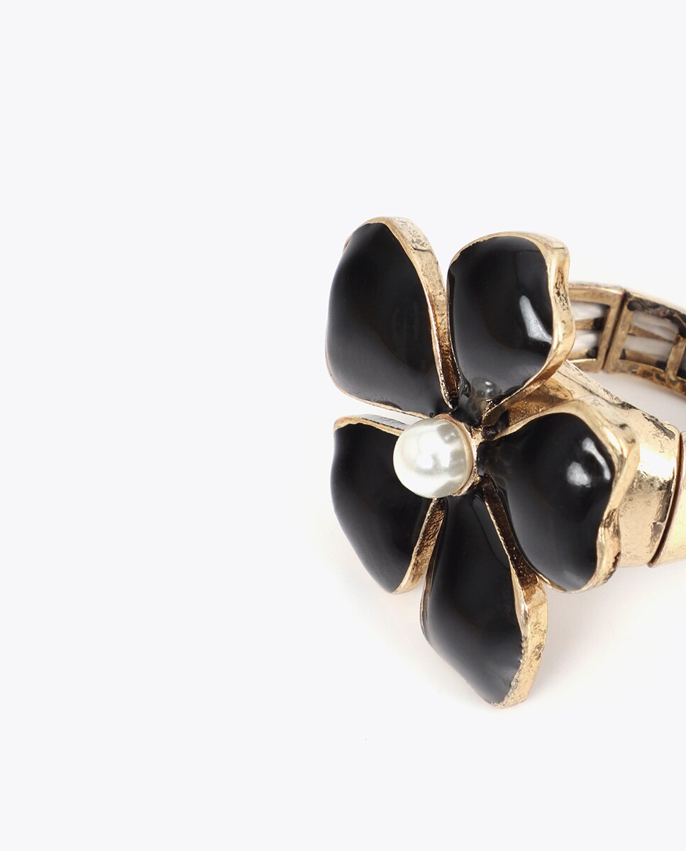 Anel Adaptável Flor Laqueada Preto-5