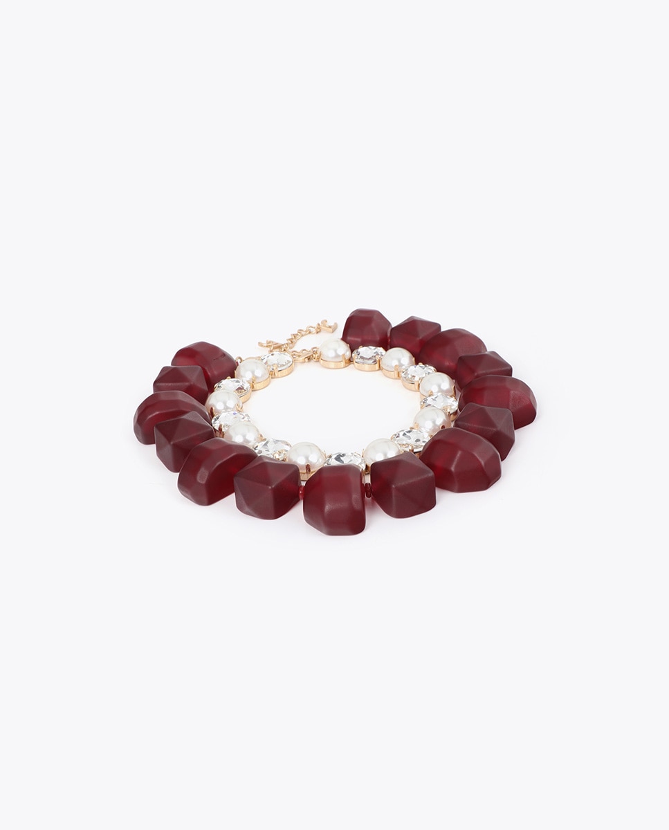 Colar Duplo com Pérolas e Peças de Resina Bordeaux Vermelho-2