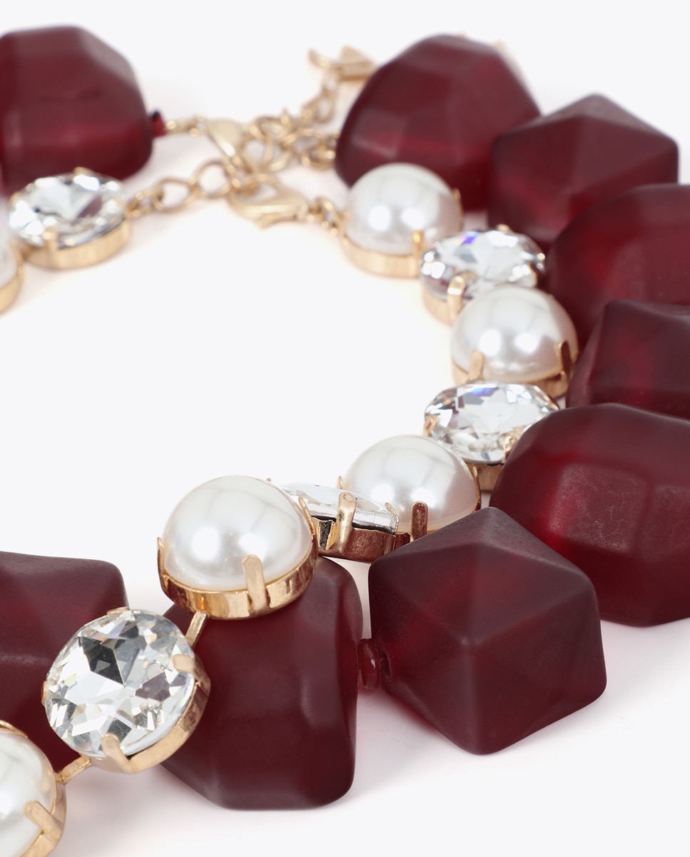 Colar Duplo com Pérolas e Peças de Resina Bordeaux Vermelho-3