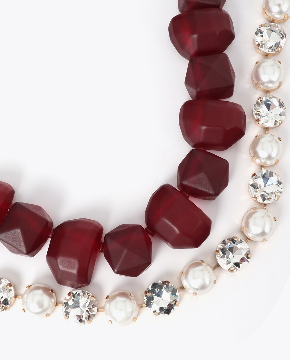 Colar Duplo com Pérolas e Peças de Resina Bordeaux Vermelho-4