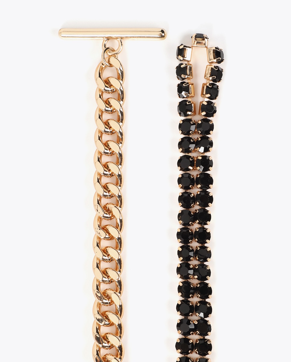 Colar Combinado Dourado e Pedras Pretas Preto-3