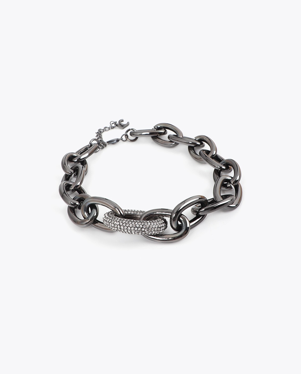 Colar Curto de Corrente com Elo em Cristais Prata-2