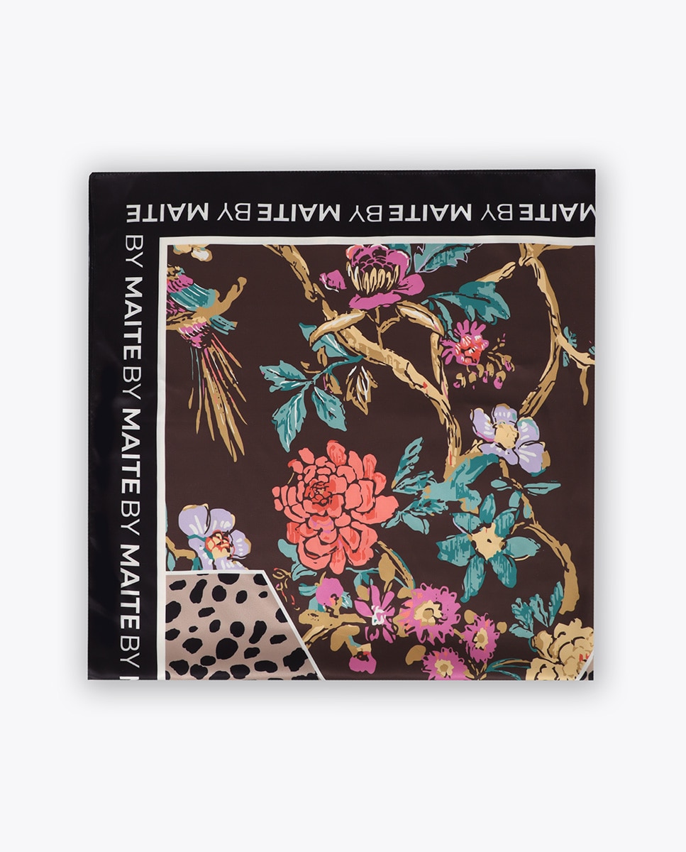 Lenço Quadrado M com Estampado Floral 90x90cm Preto-2