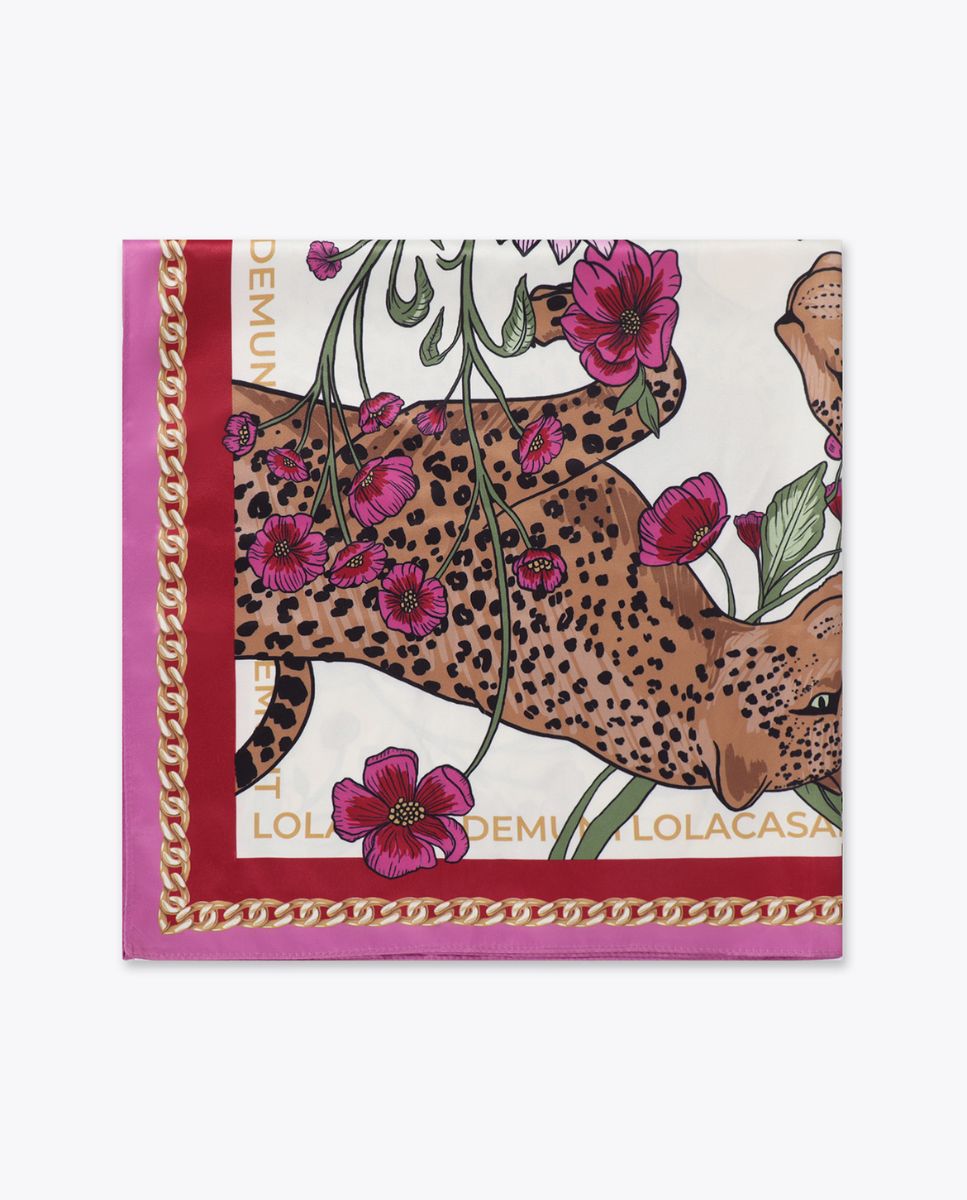 Lenço Tigres e Flores 55x55cm Branco / Rosa-2