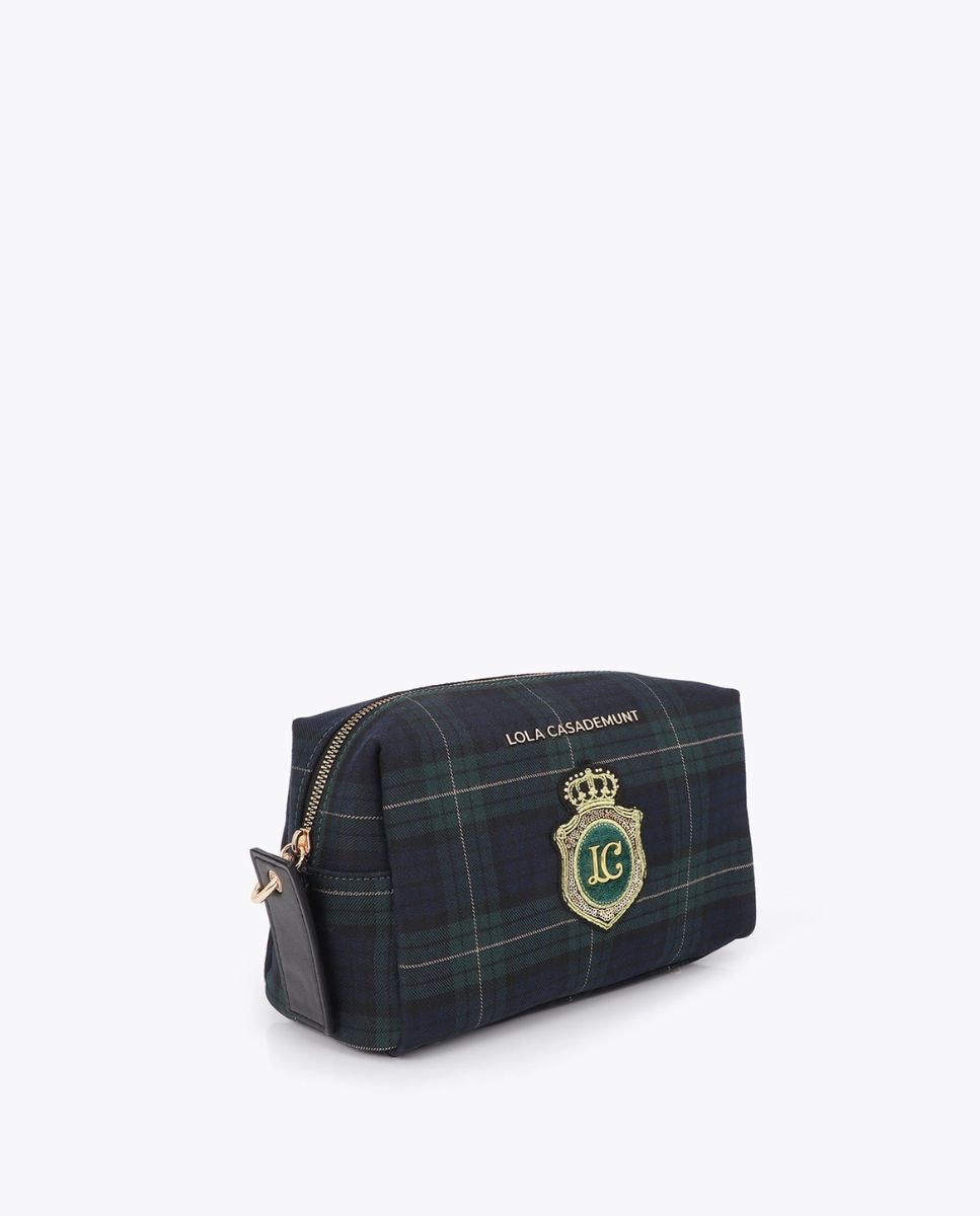 Necessaire em Tecido Aos Quadrados com Patch de Logo Bordado Verde / azul marinho-2