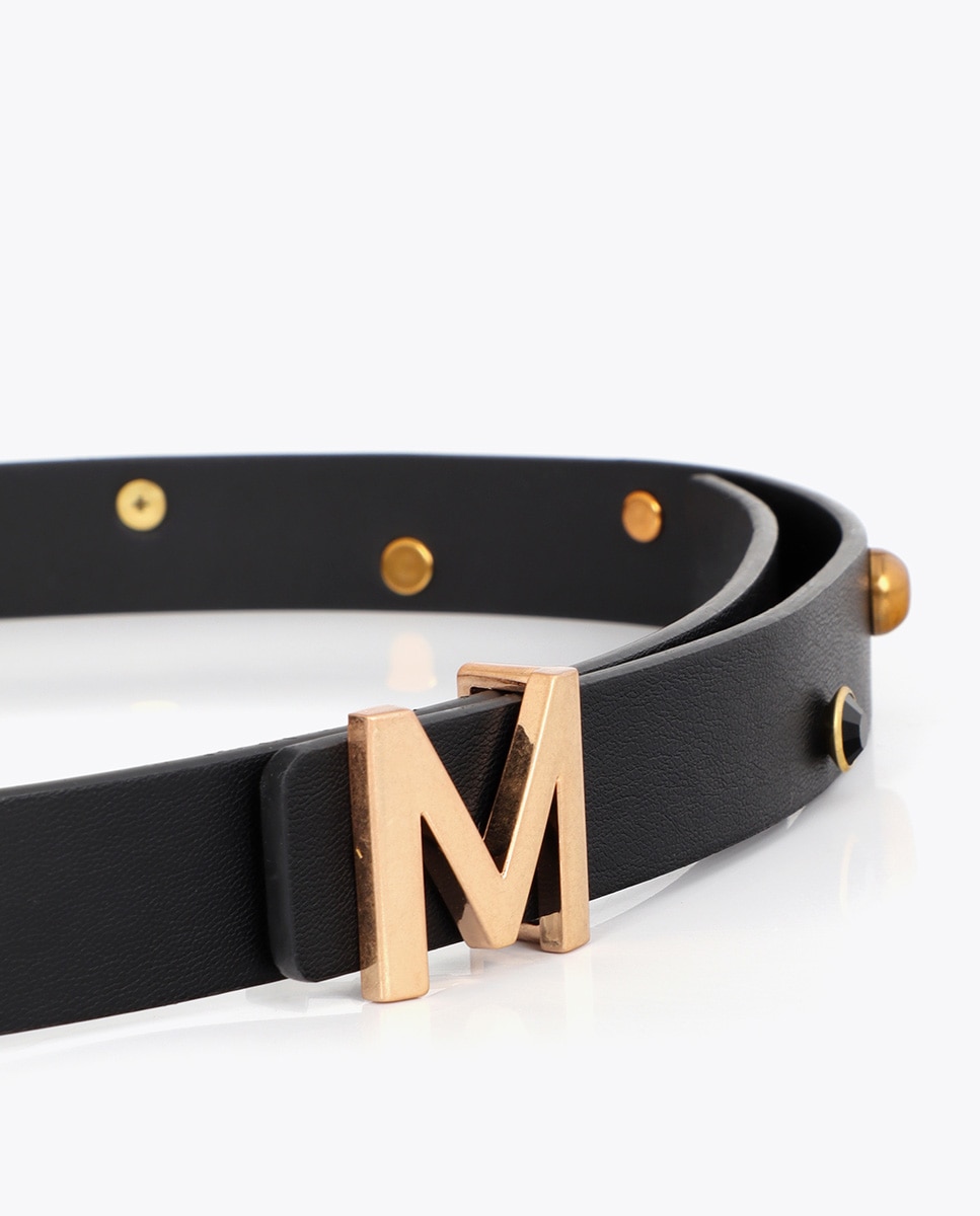 Cinto Fino Logo M com Apliques de Tachas e Cristais Preto-3