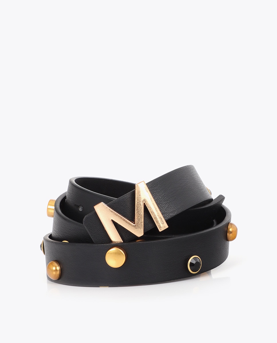 Cinto Fino Logo M com Apliques de Tachas e Cristais Preto-4