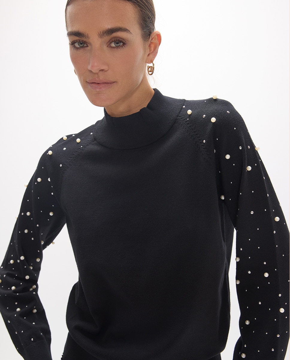 Camisola com Pérolas e Tachas Preto-2
