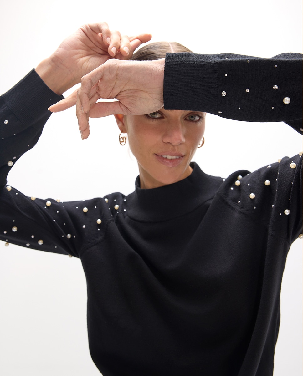 Camisola com Pérolas e Tachas Preto-3