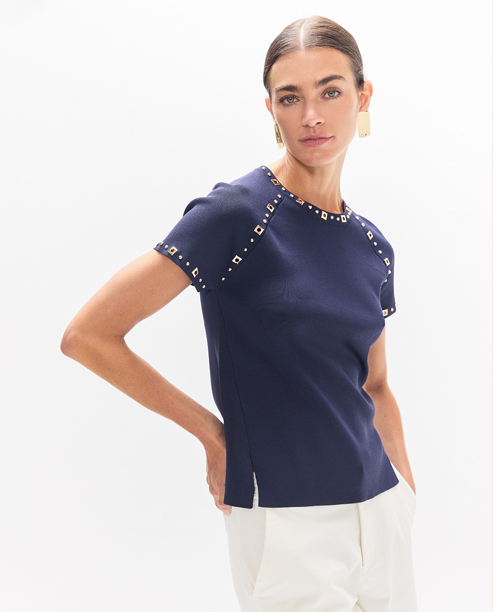 T-shirt com Tachas Redondas e Quadradas Azul-escuro-2