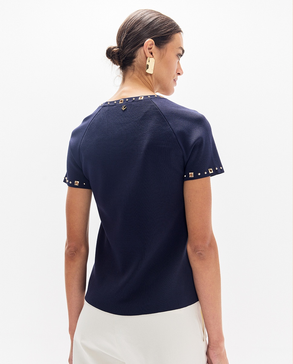 T-shirt com Tachas Redondas e Quadradas Azul-escuro-4
