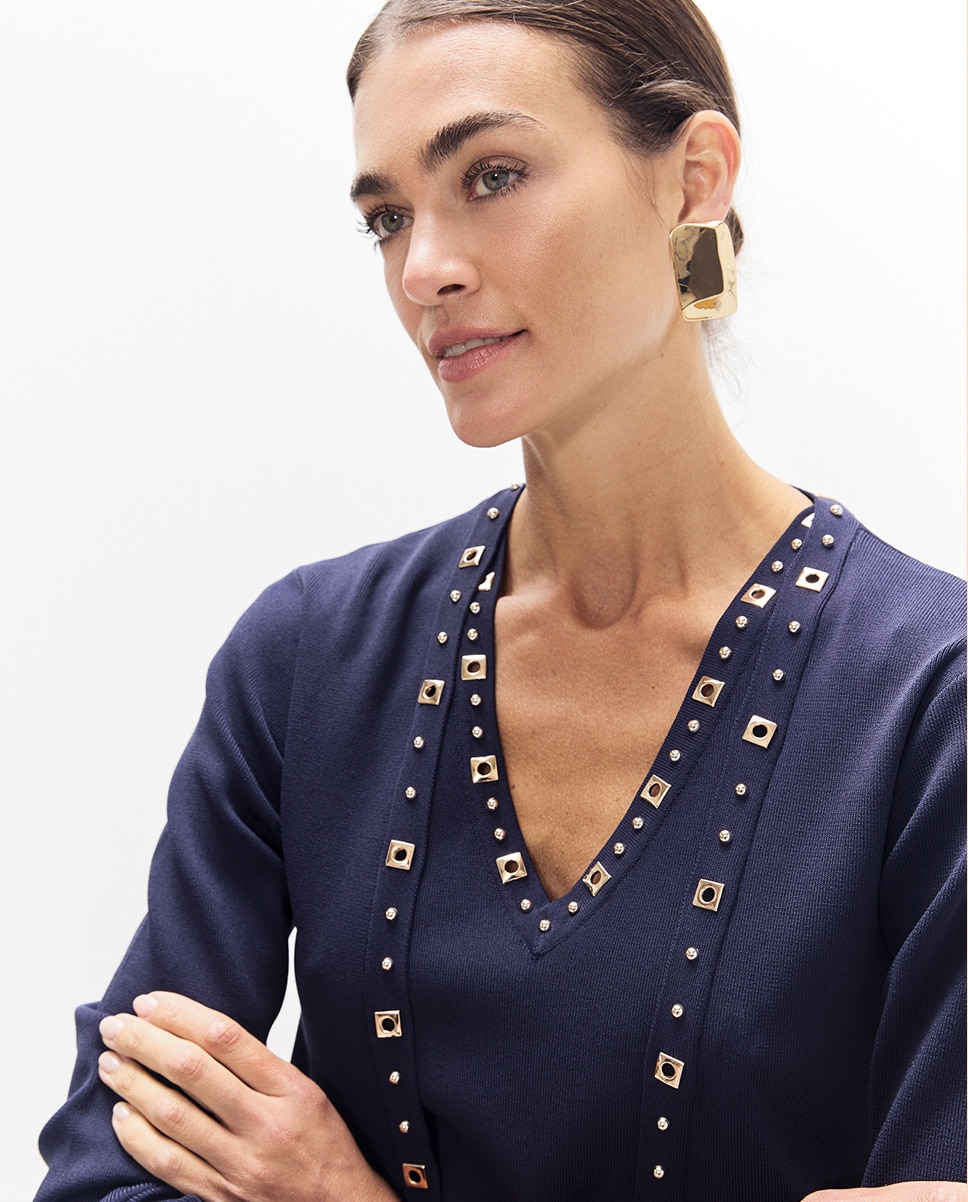 Cardigan Comprido com Tachas Azul-2