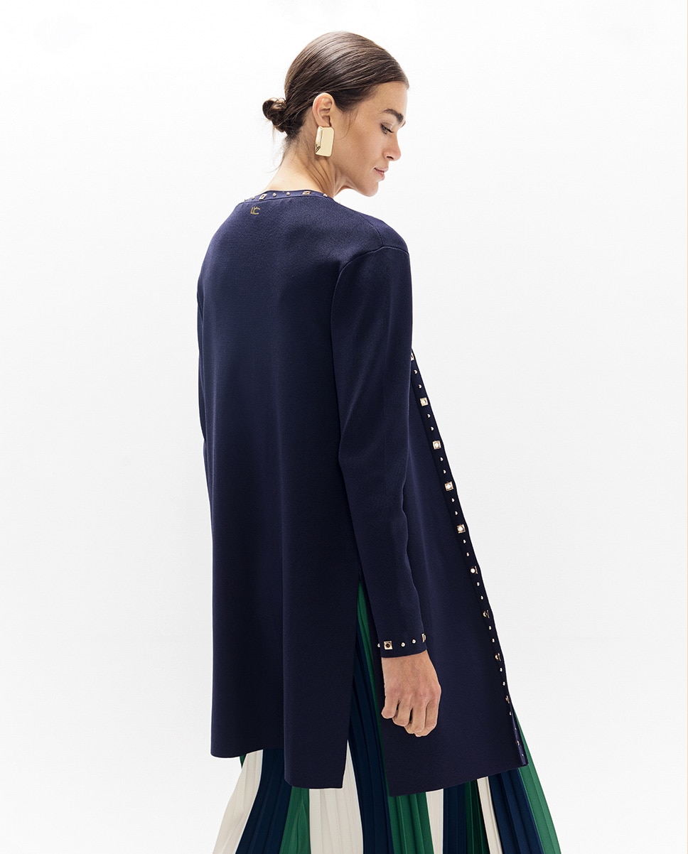 Cardigan Comprido com Tachas Azul-4