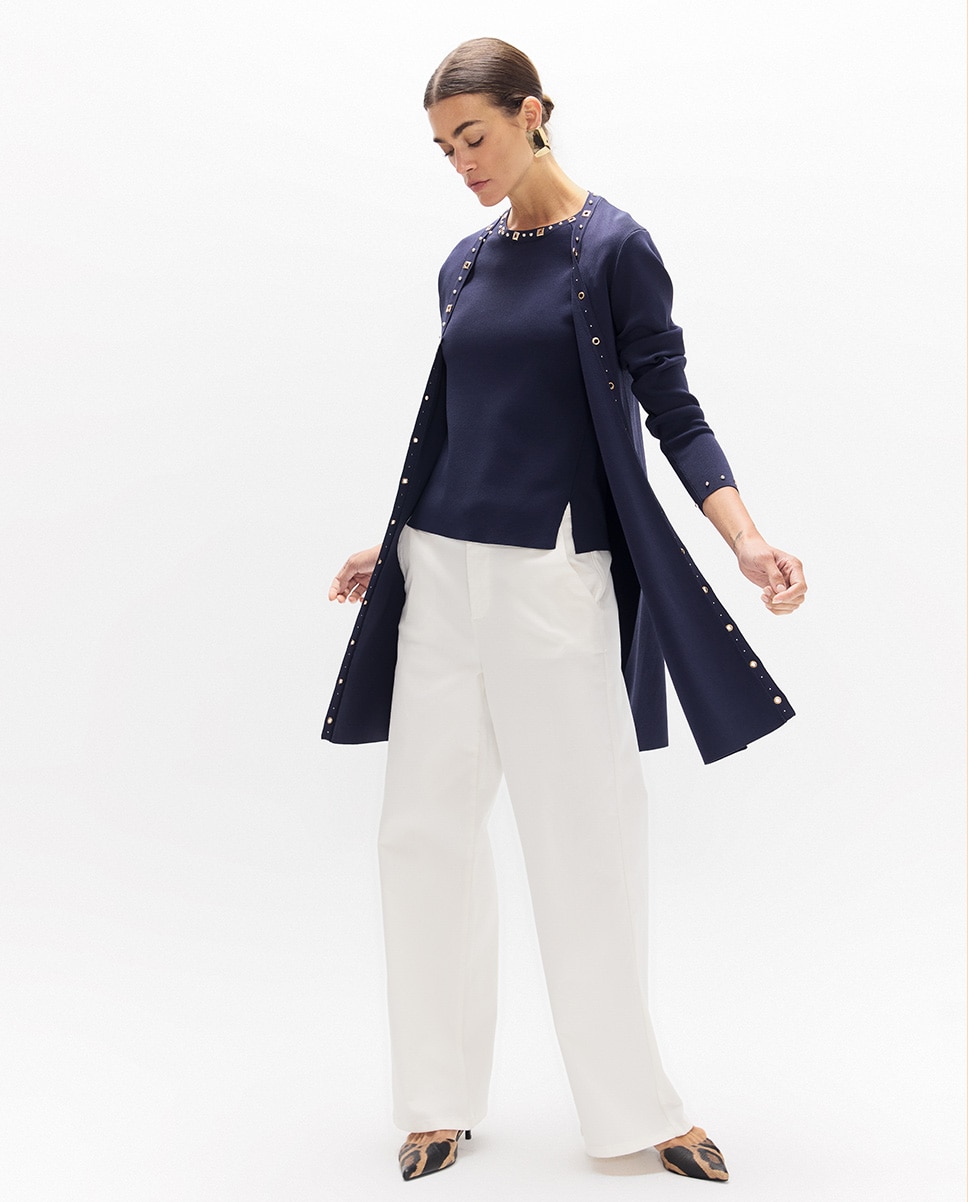 Cardigan Comprido com Tachas Azul-5
