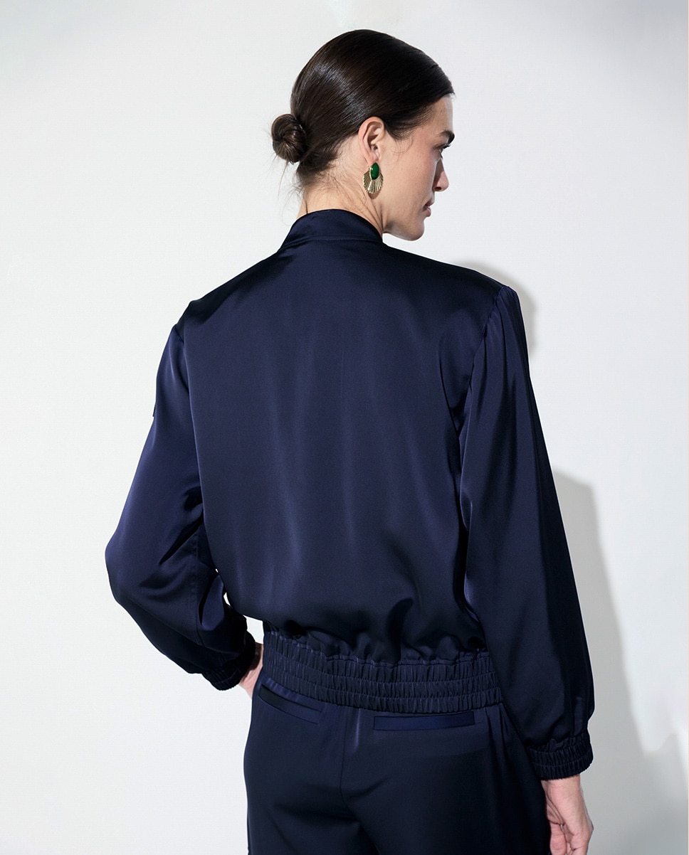 Blusão Bomber de Cetim com Fecho Zip Azul-escuro-3