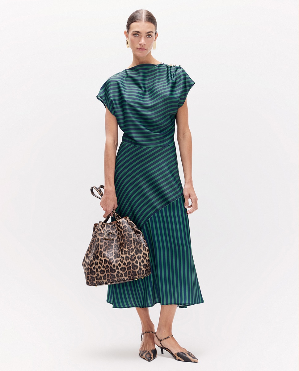 Vestido Comprido Às Riscas Bicolor Azul-marinho / Verde-5