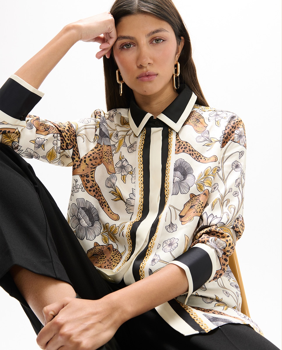 Camisa com Print Leopardo e Cenefa Multicolor-2
