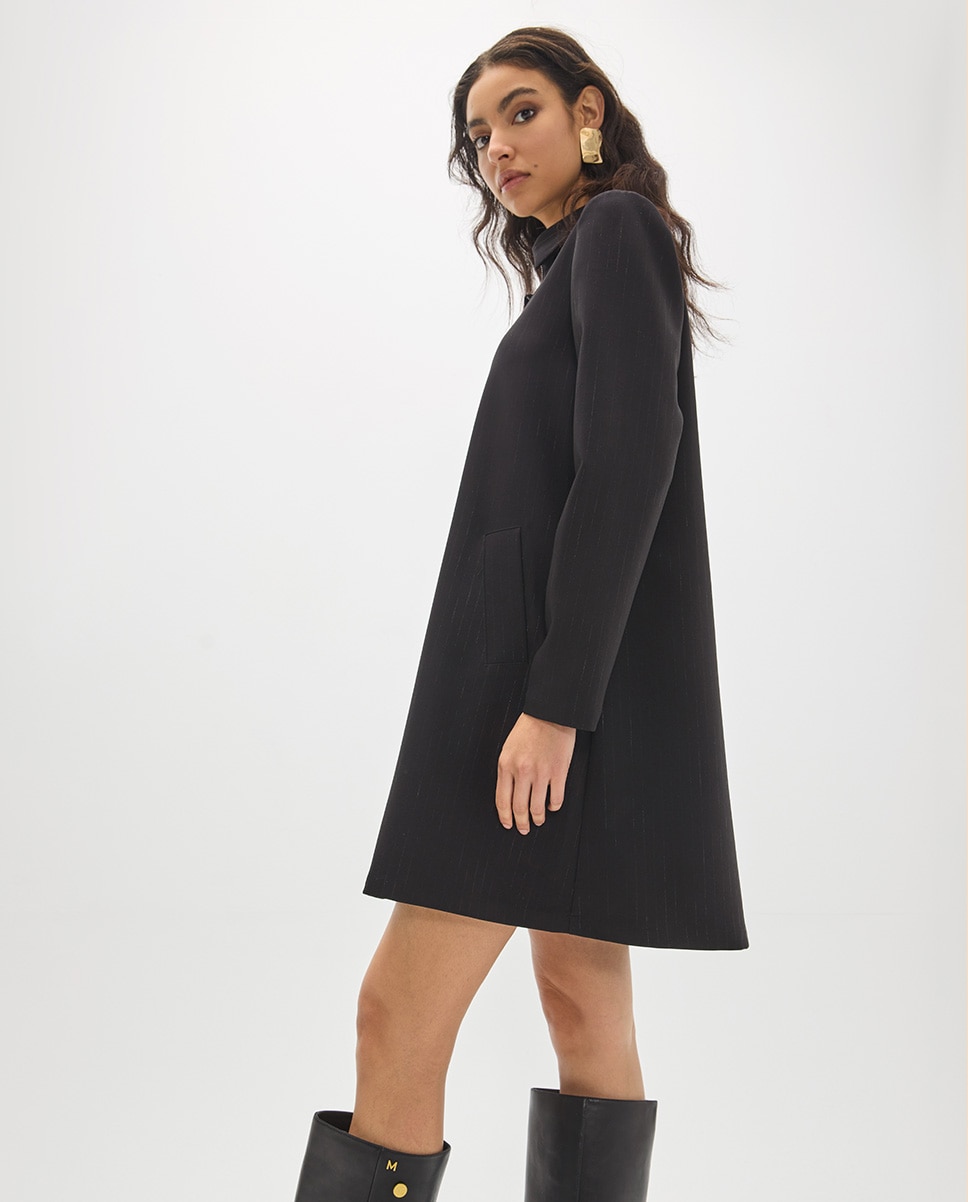 Vestido Curto Às Riscas Diplomáticas com Gola Tipo Camisa e Fecho Zip na Placket Cinzento-escuro-2