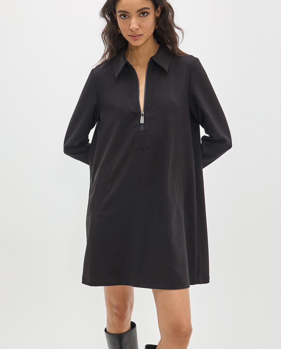 Vestido Curto Às Riscas Diplomáticas com Gola Tipo Camisa e Fecho Zip na Placket Cinzento-escuro-3