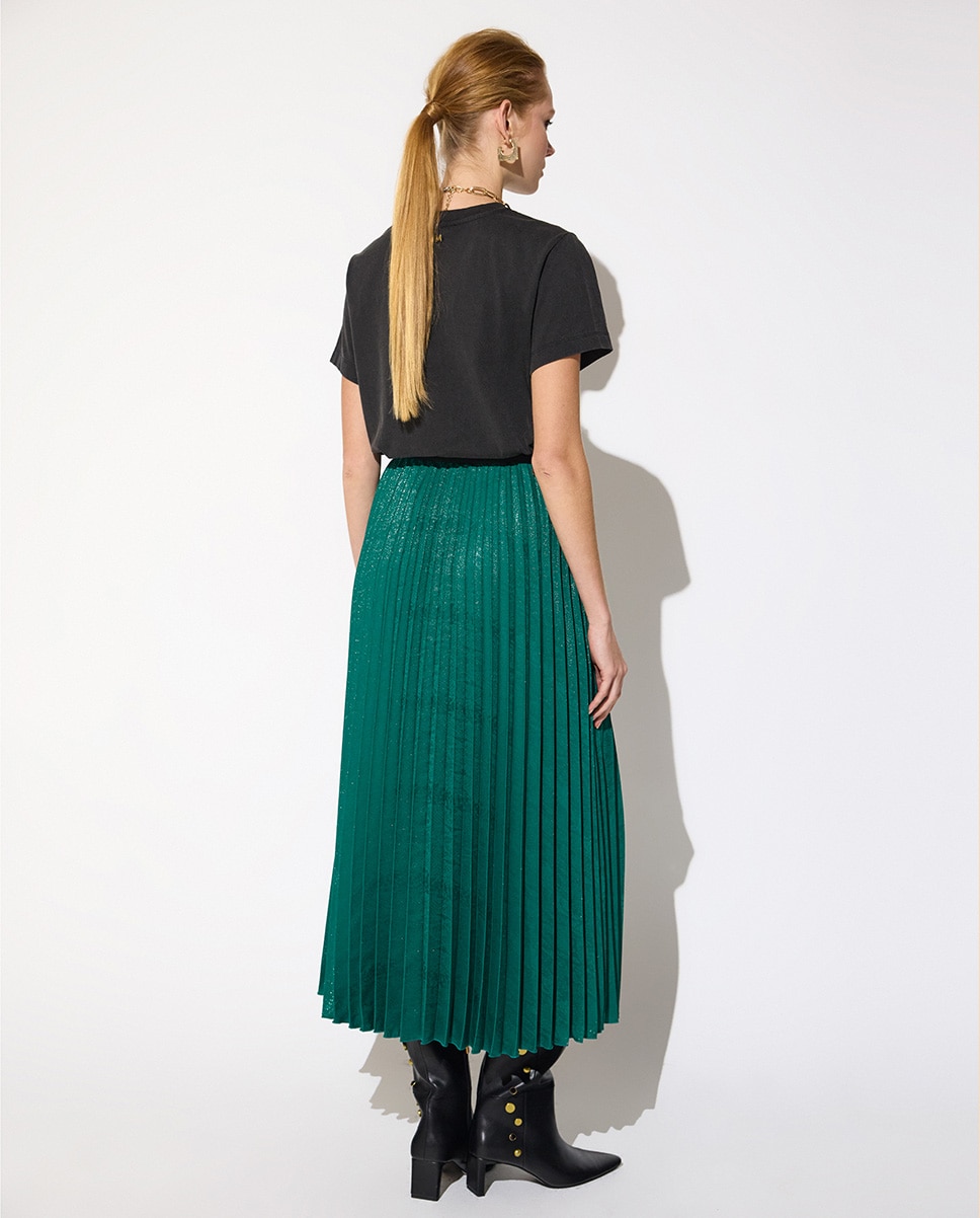Saia Midi Fit Plissada em Cetim Esmeralda-4