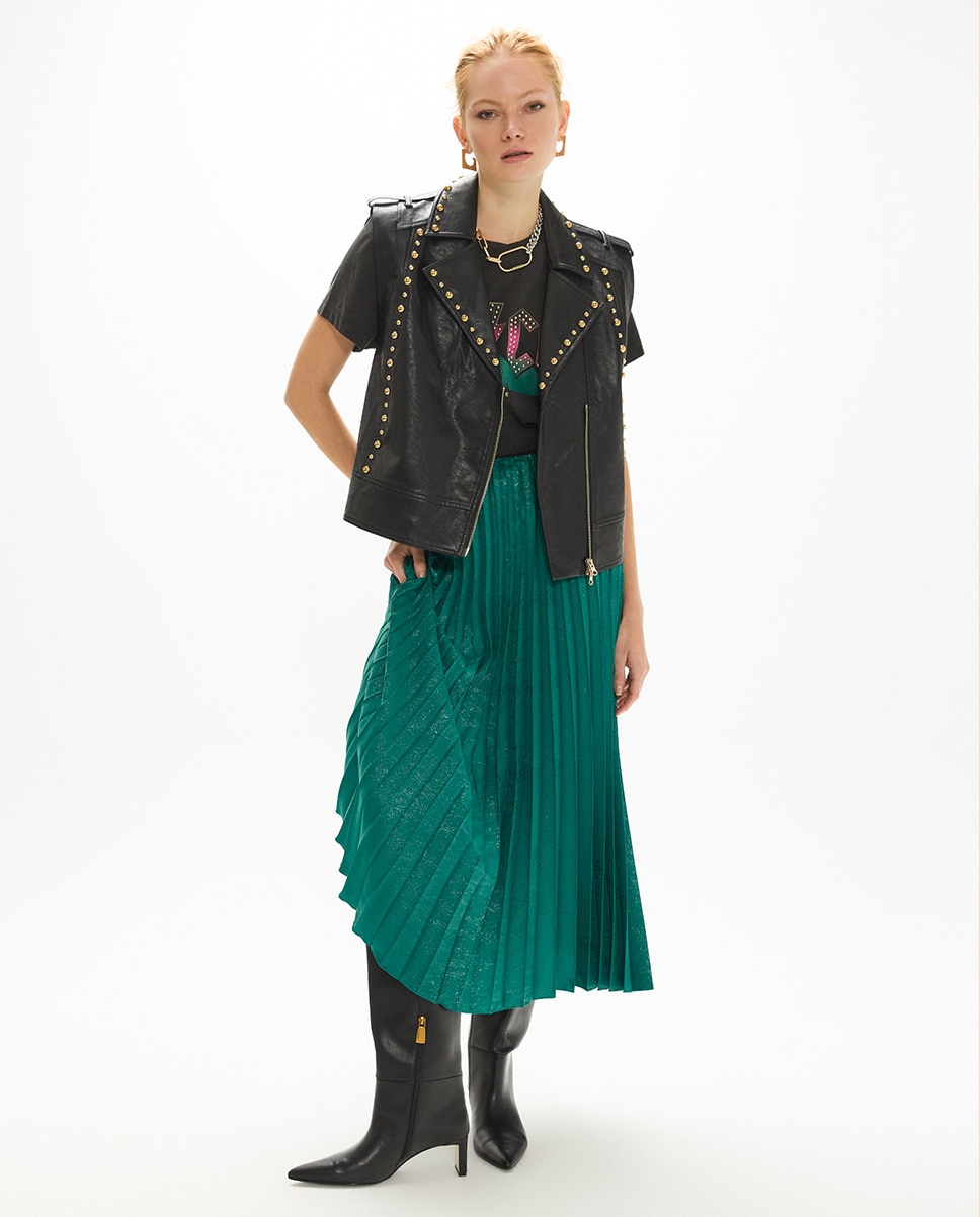 Saia Midi Fit Plissada em Cetim Esmeralda-5