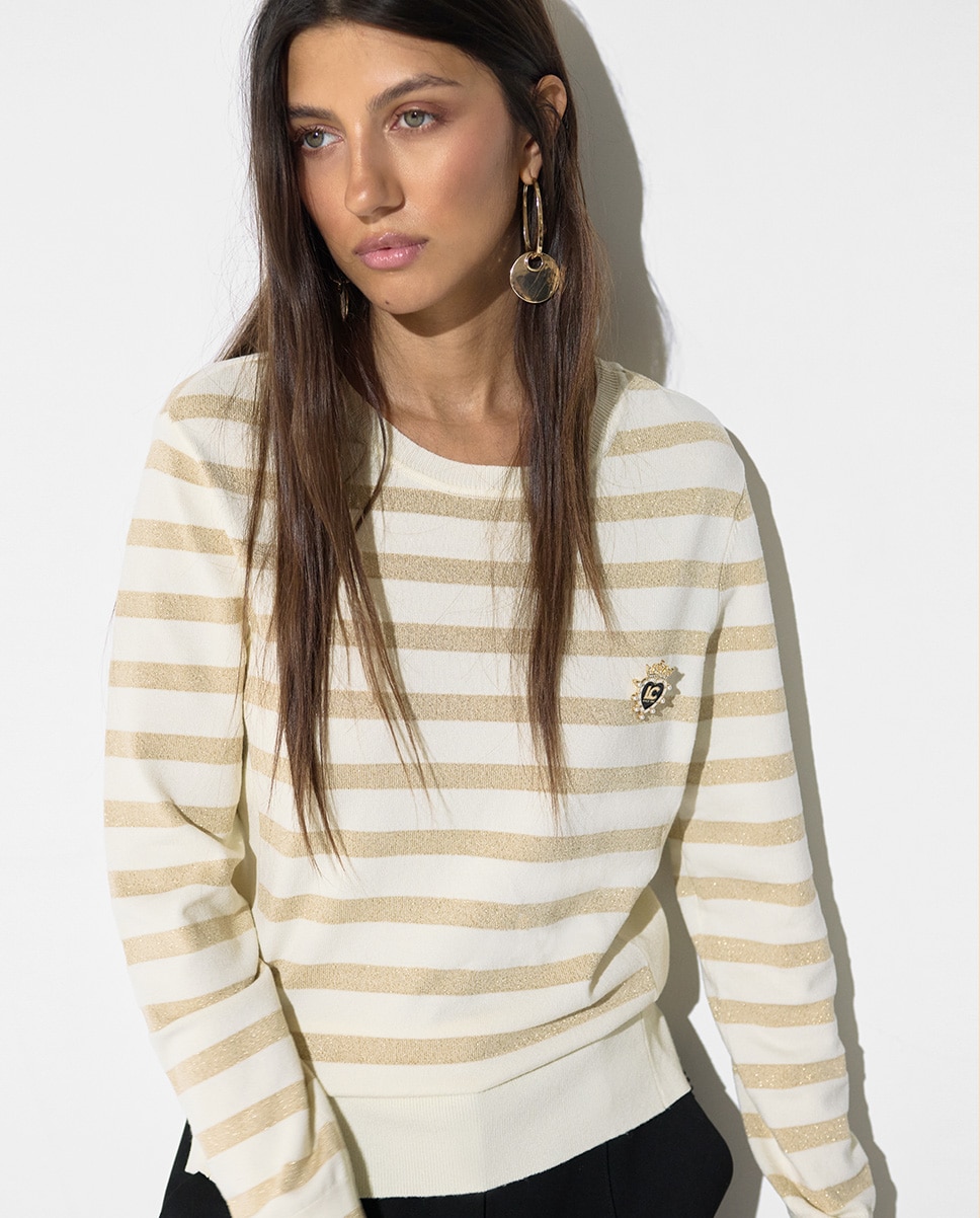Camisola Às Riscas em Lurex e Pin Dourado-2