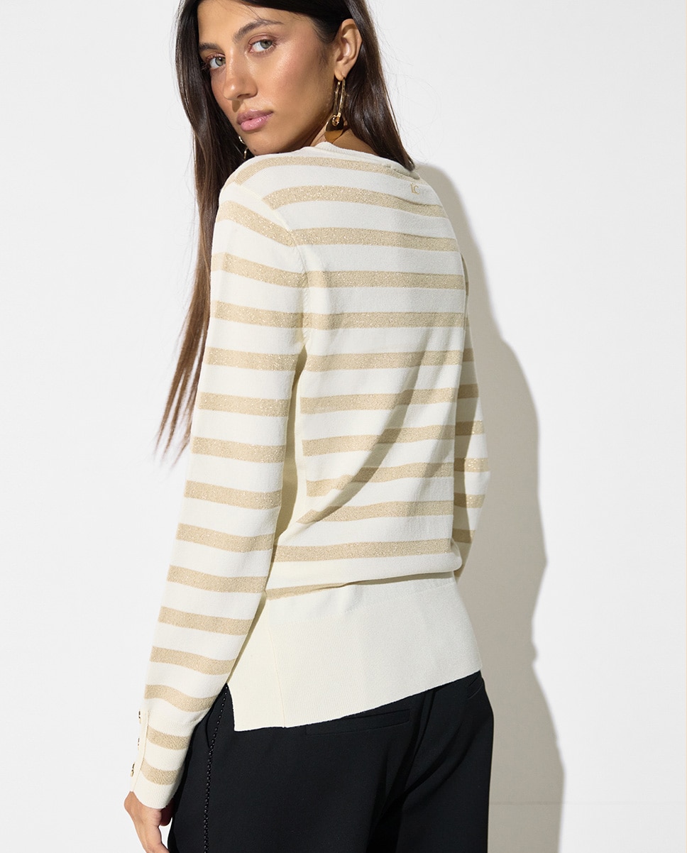 Camisola Às Riscas em Lurex e Pin Dourado-5