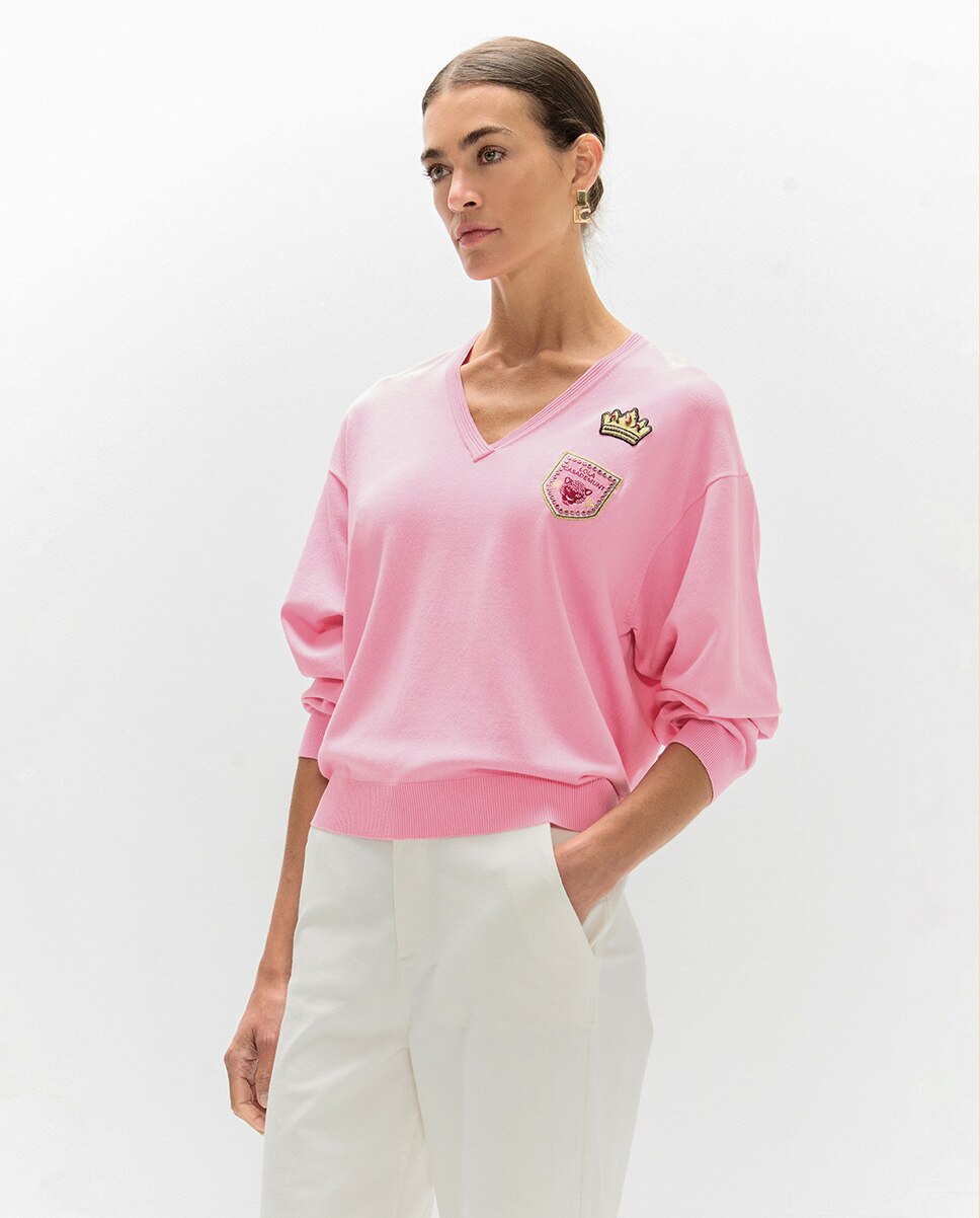 Camisola Gola em V com Patches Rosa-2