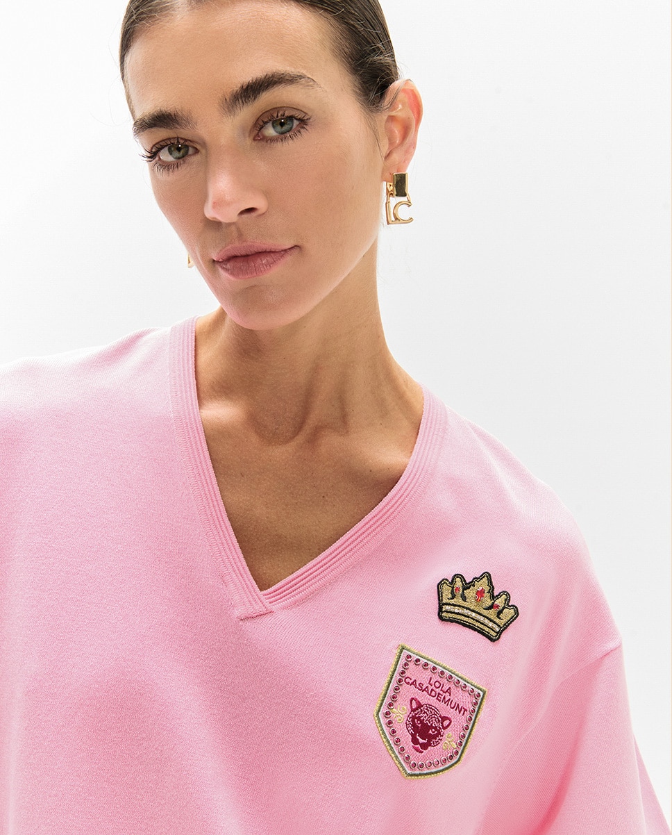 Camisola Gola em V com Patches Rosa-3