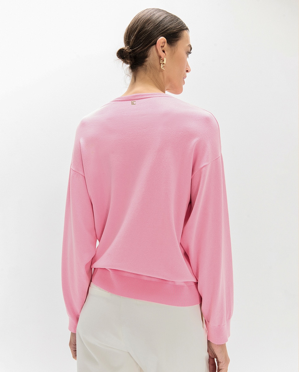 Camisola Gola em V com Patches Rosa-4