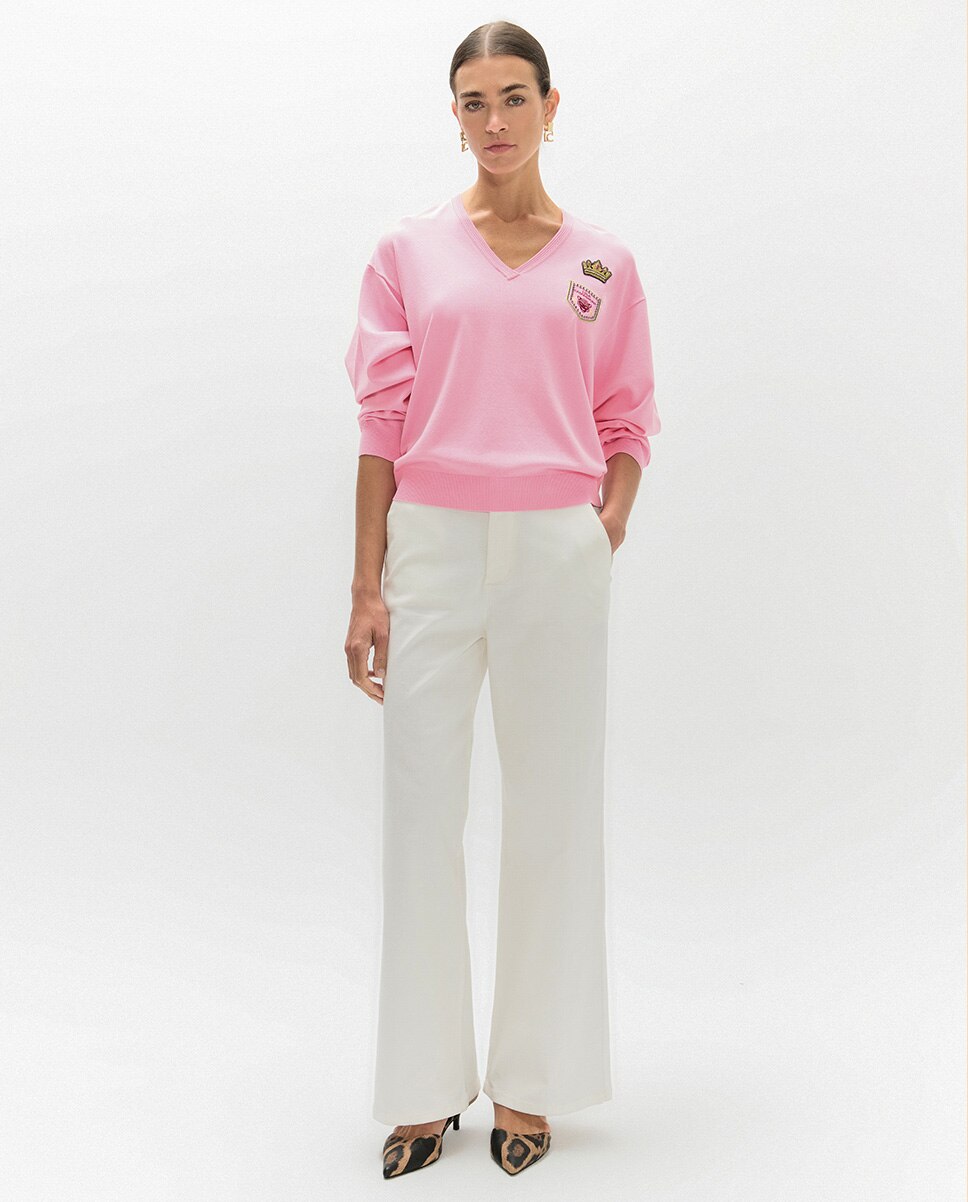 Camisola Gola em V com Patches Rosa-5