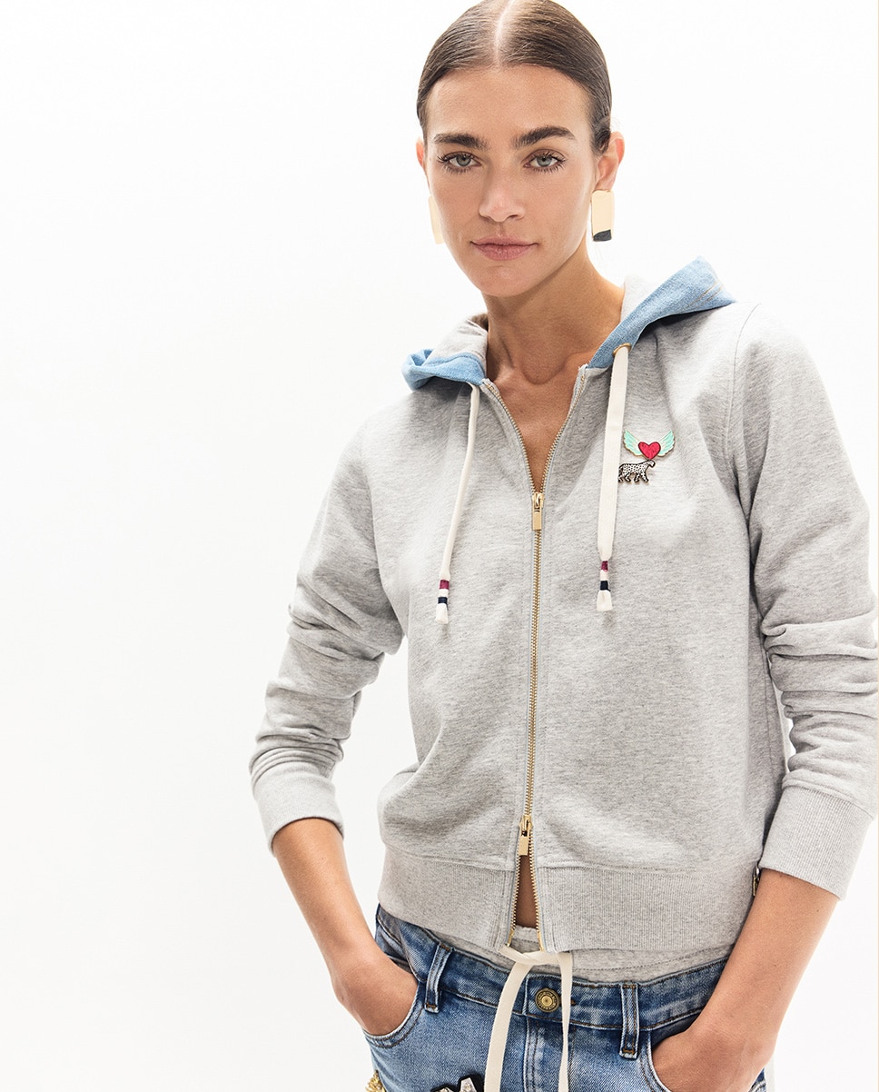 Imagem 0 de Sweatshirt Curta com Fecho Zip e Capuz em Denim
