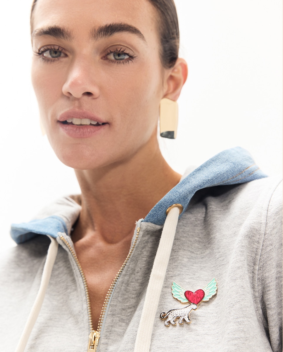 Sweatshirt Curta com Fecho Zip e Capuz em Denim Cinzento-claro-2