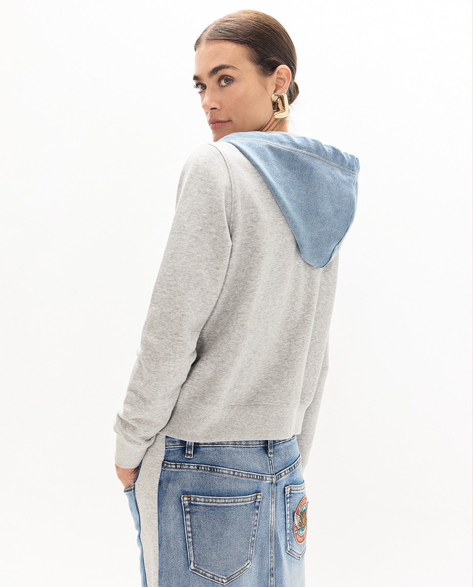 Sweatshirt Curta com Fecho Zip e Capuz em Denim Cinzento-claro-3