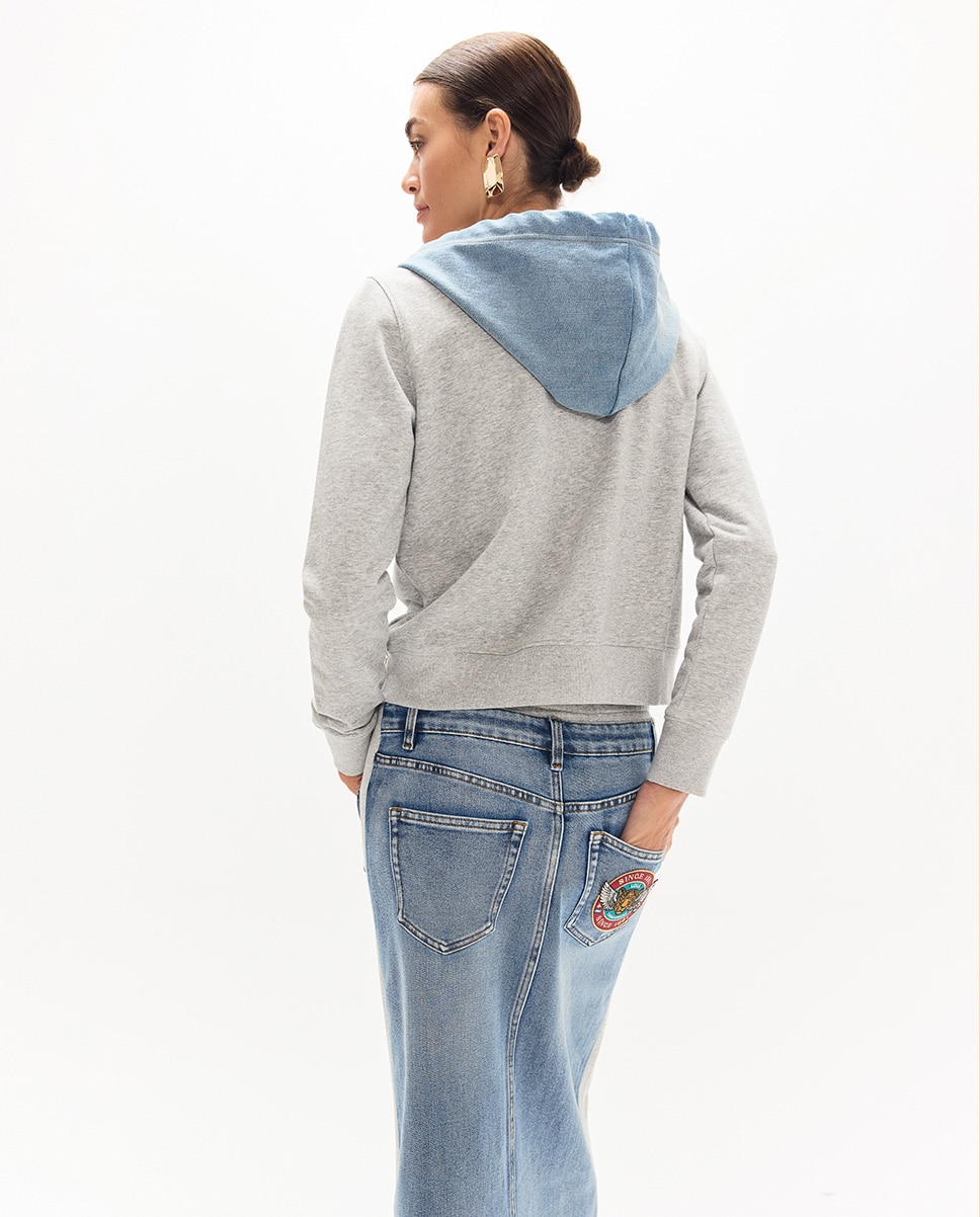 Sweatshirt Curta com Fecho Zip e Capuz em Denim Cinzento-claro-4