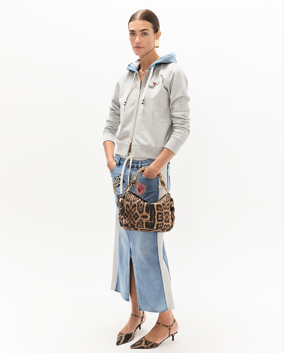 Sweatshirt Curta com Fecho Zip e Capuz em Denim Cinzento-claro-5