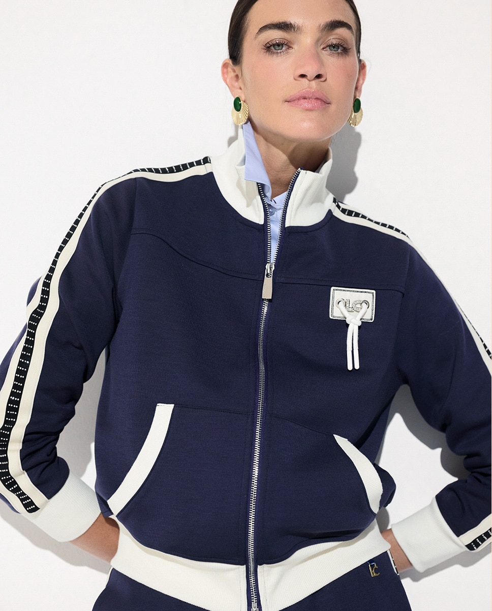 Sweatshirt com Bandas Laterais Bicolor e Strass Azul-marinho-2