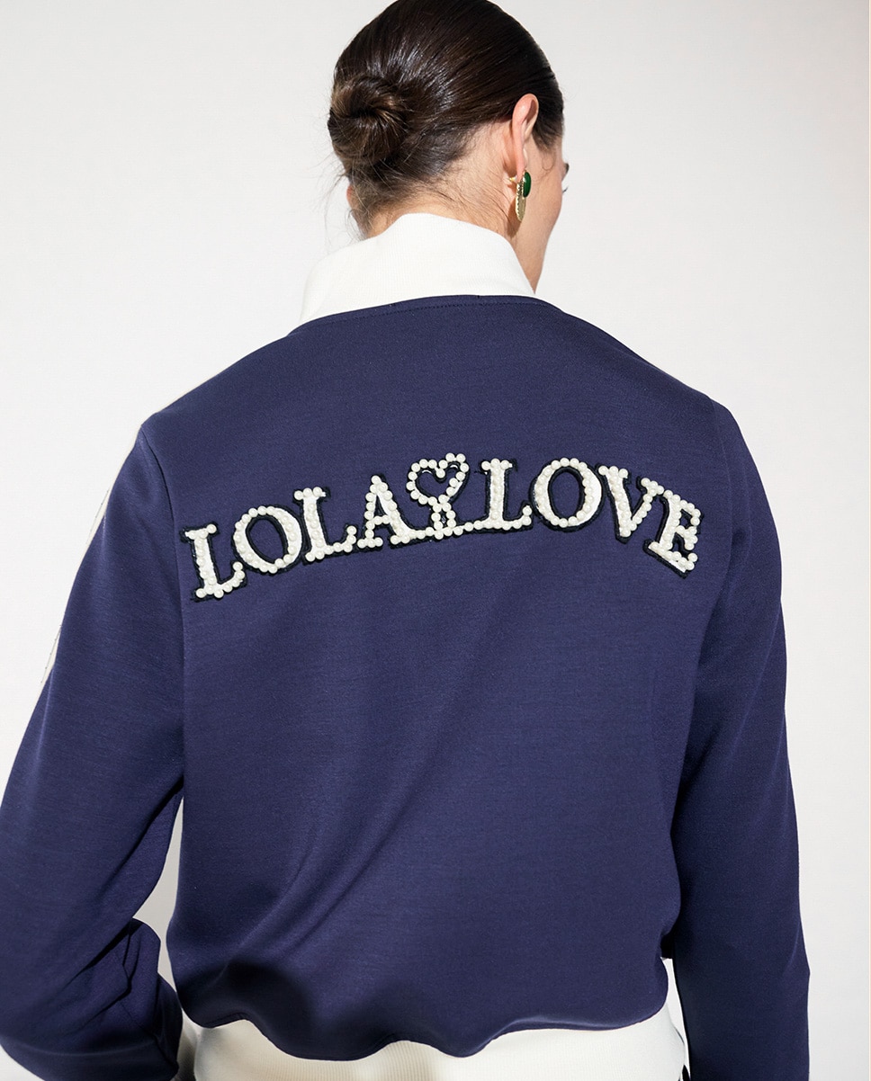 Sweatshirt com Bandas Laterais Bicolor e Strass Azul-marinho-3