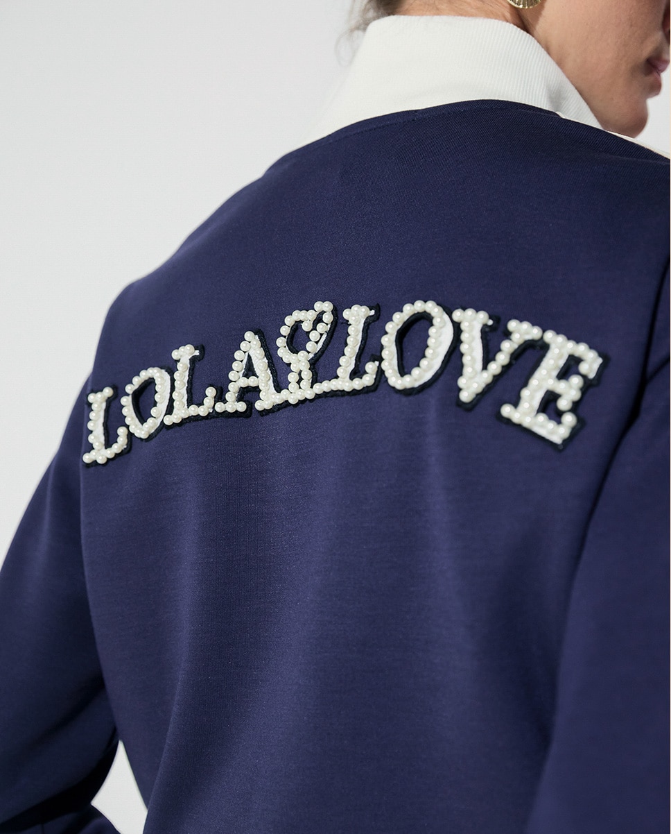 Sweatshirt com Bandas Laterais Bicolor e Strass Azul-marinho-4