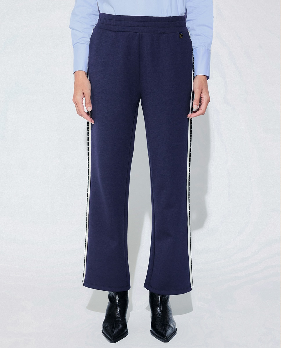 Calças Jogger com Tira Lateral Bicolor e Strass Azul-marinho-2