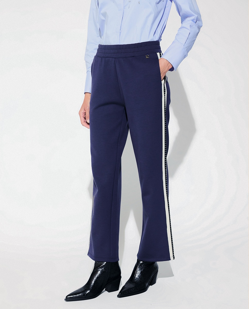 Calças Jogger com Tira Lateral Bicolor e Strass Azul-marinho-3