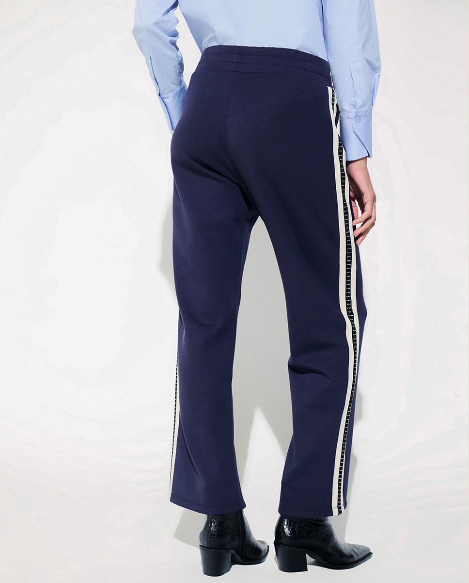Calças Jogger com Tira Lateral Bicolor e Strass Azul-marinho-5