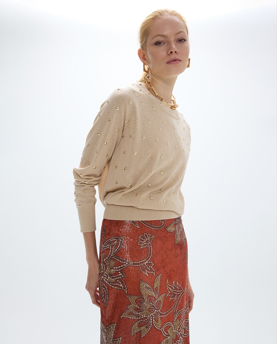 Camisola com Tachas Redondas All Over Bege-2