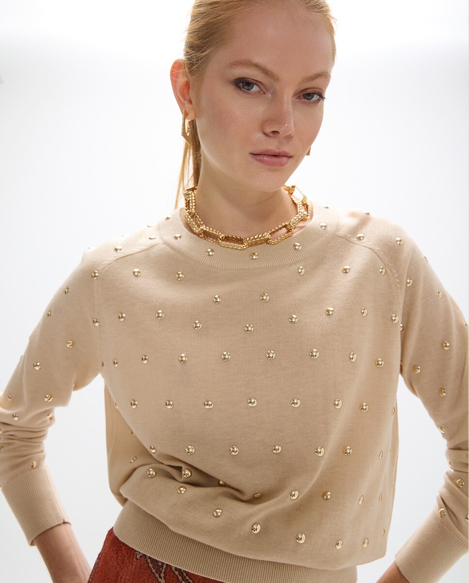 Camisola com Tachas Redondas All Over Bege-3