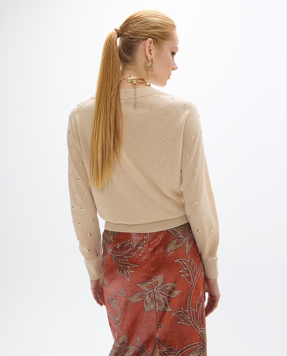 Camisola com Tachas Redondas All Over Bege-4