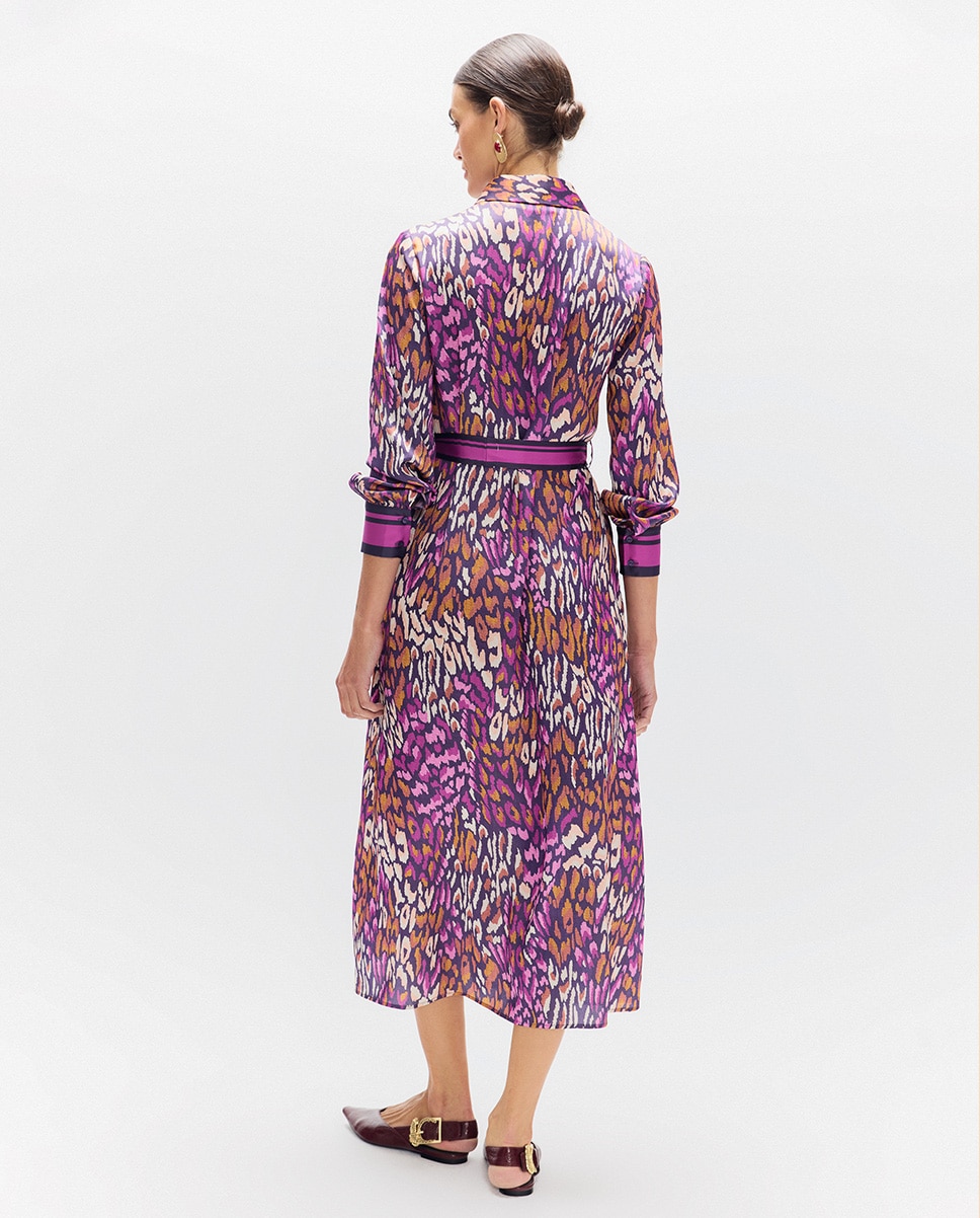 Vestido Midi Mancha Animal com Gola Tipo Camisa Multicolor-4