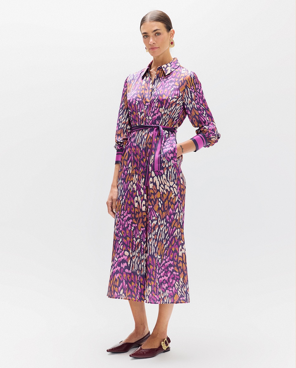 Vestido Midi Mancha Animal com Gola Tipo Camisa Multicolor-5