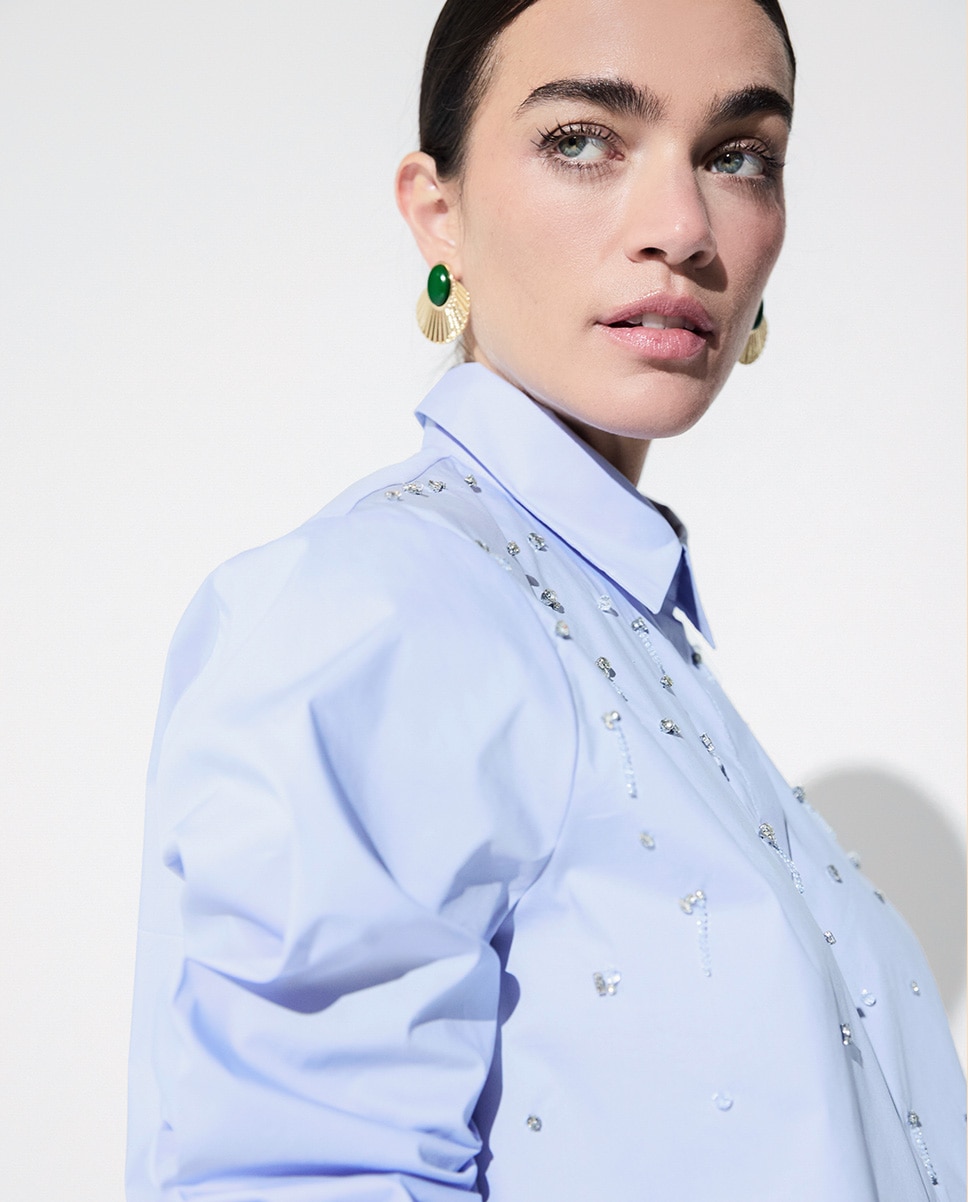 Camisa Popelina com Detalhe de Pedraria All Over Azul-claro-2