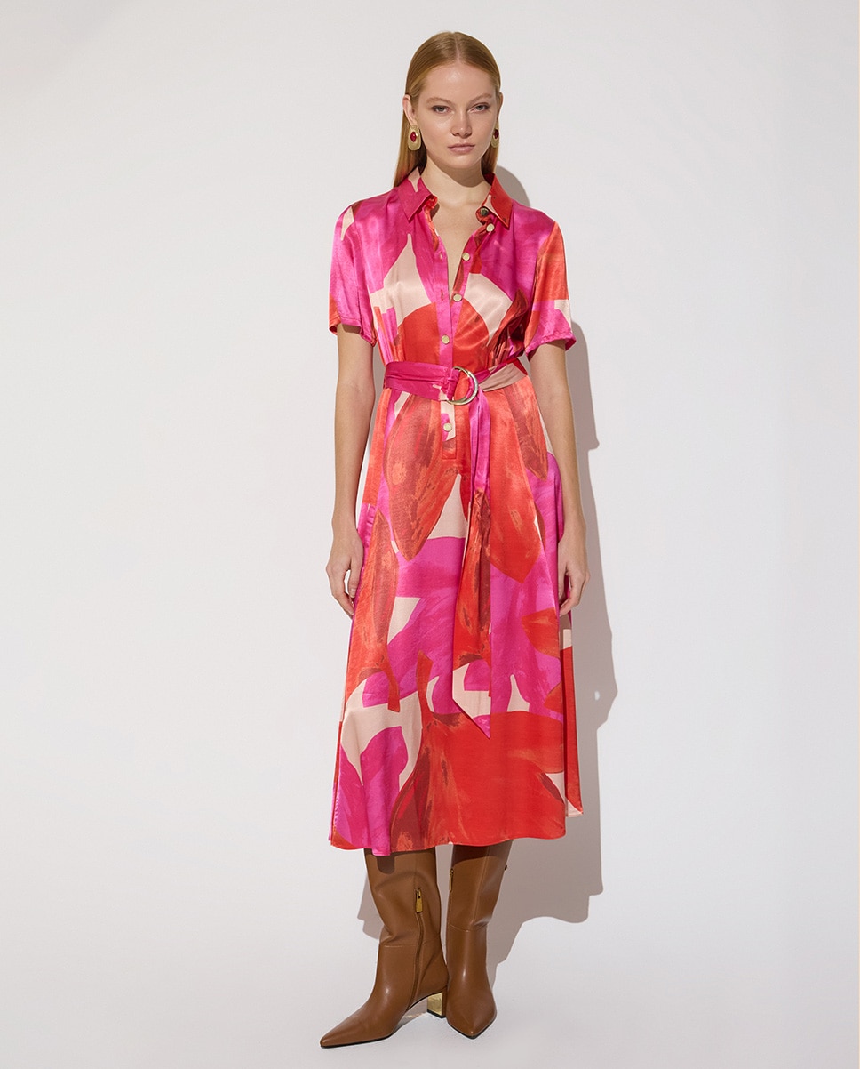 Imagem 0 de Vestido Midi Flor Grande com Gola Tipo Camisa